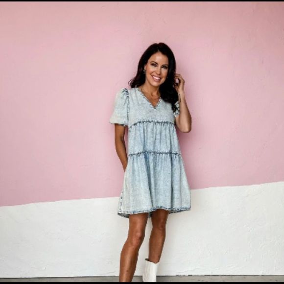 🆕NWOT LIGHT DENIM BABYDOLL MINI DRESS - Picture 2 of 6